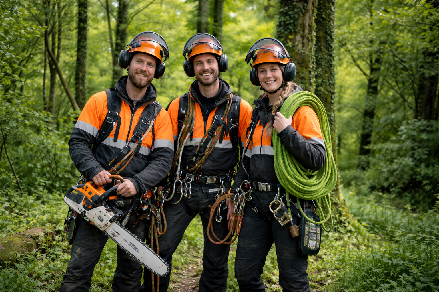 Three arborists in safety gear smile in a forest, one holding a chainsaw, another rope.