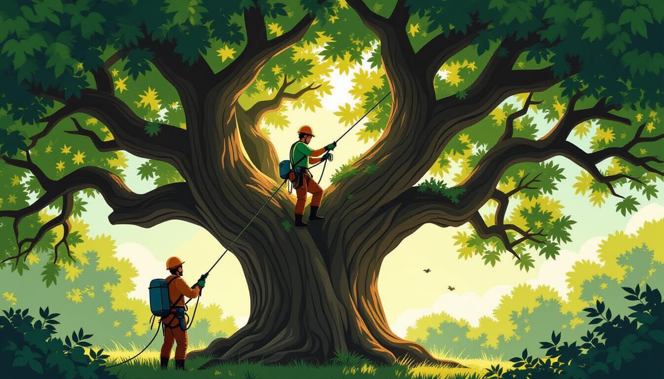 Two arborists and a large tree in a forest. One is climbing, another on the ground.