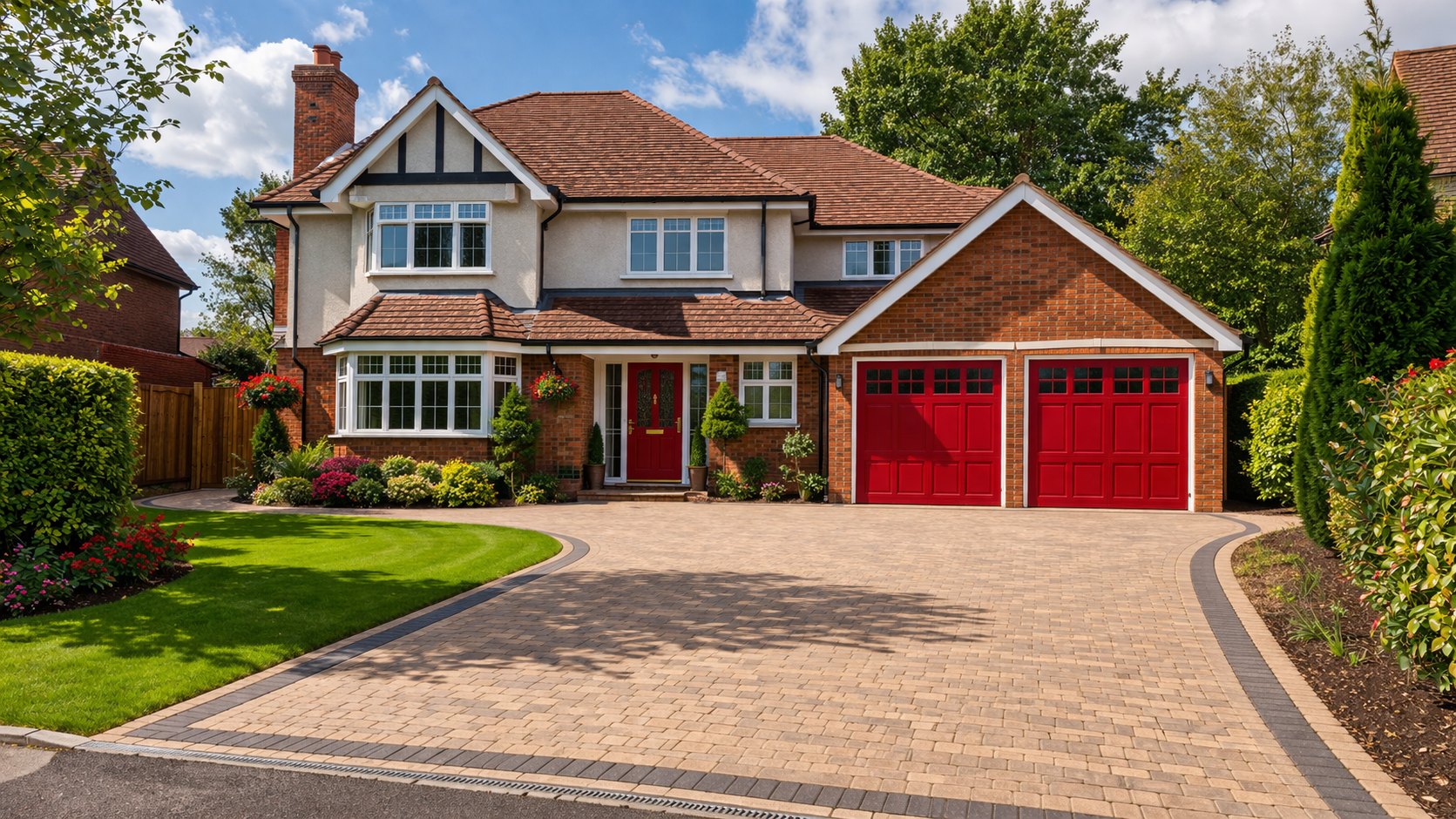 A two-story suburban house with a tiled roof, cream and brick walls, a red door, and a two-car garage with red doors.