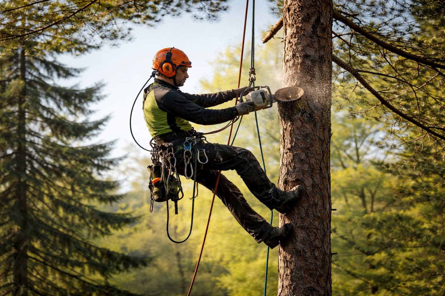 Arborist using a chainsaw while secured to a tree with ropes. Wearing safety gear. Outdoors, forest setting.