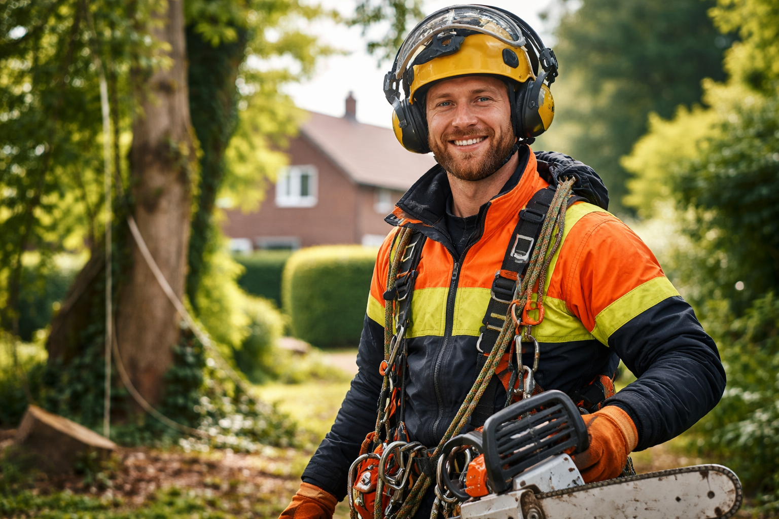 An arborist wearing a high-visibility jacket, safety helmet, and harness, holding a chainsaw in a residential garden.