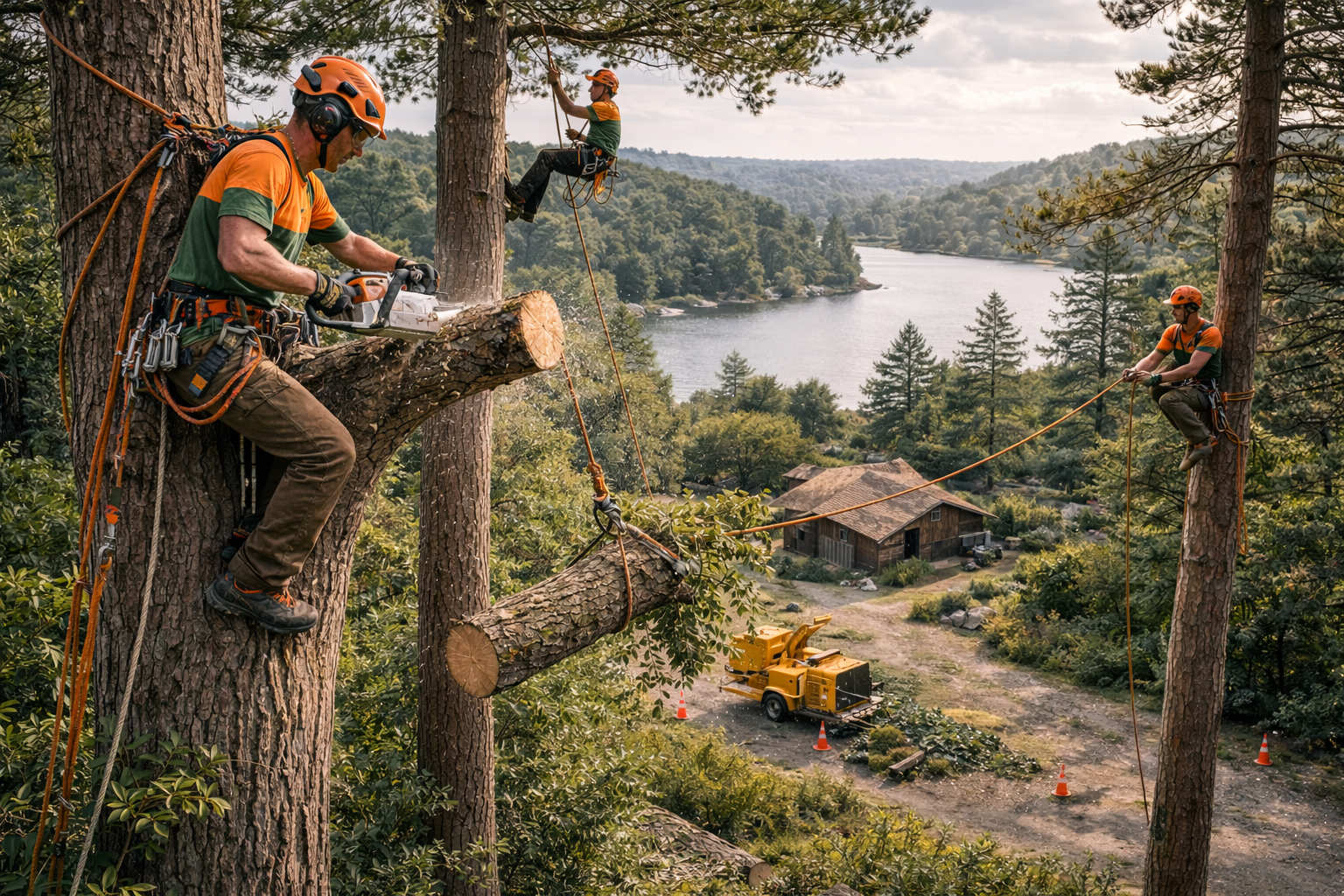 Tree workers cutting branches from a tall tree near a lake, using chainsaws and ropes.