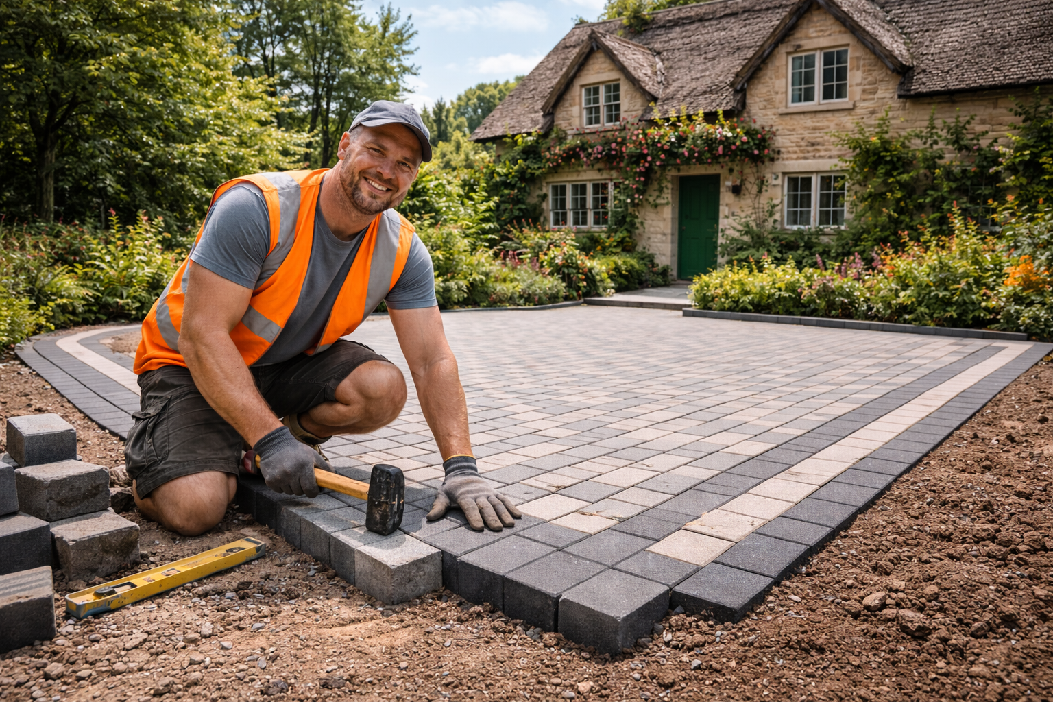 Man laying paving stones in driveway of cottage, wearing safety vest, smiling.