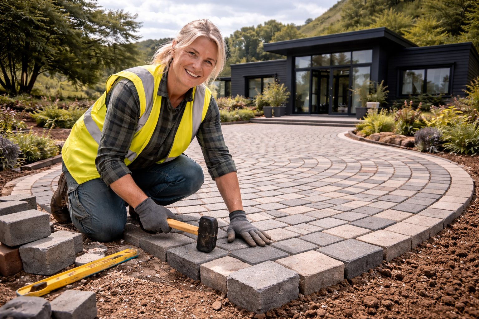 Woman laying pavers with a hammer and level on a circular driveway in front of a modern home.