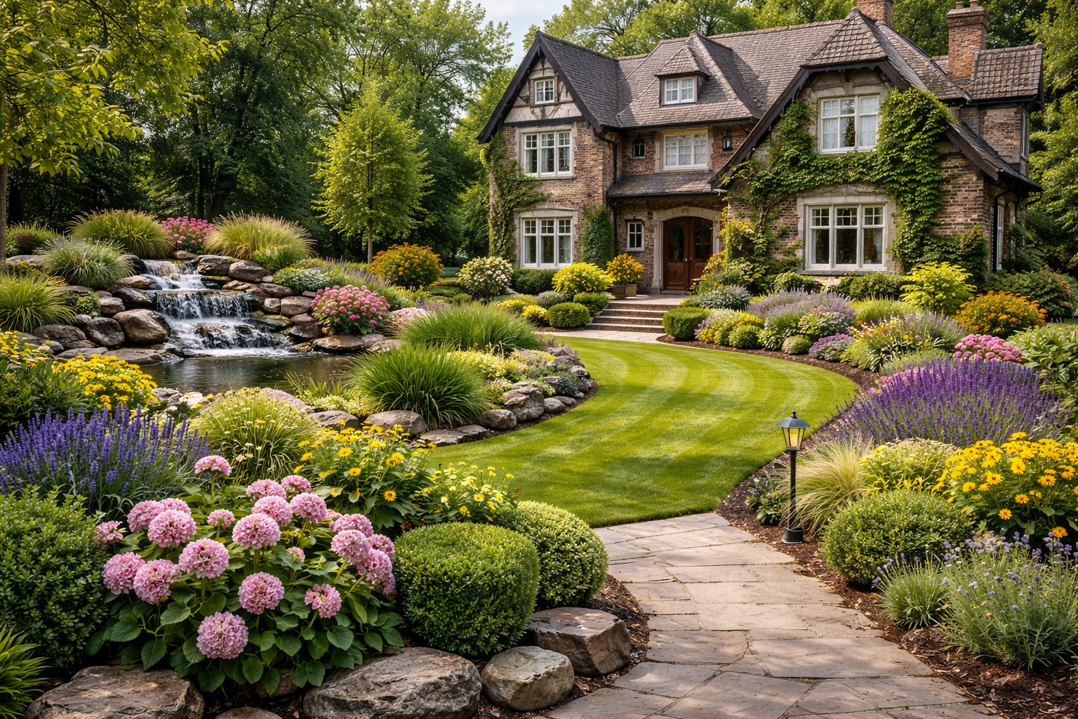 Stone house with lush garden, waterfall, and winding stone path.