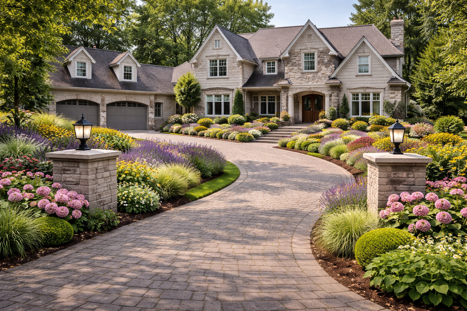 Stone home with curved driveway and lush landscaping, featuring colorful flower beds and lamp posts.