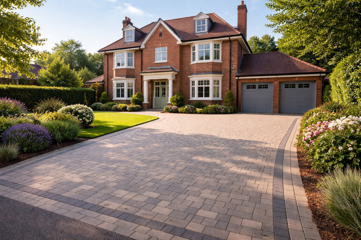 A two-story brick house with a paved driveway, a green lawn, and landscaped bushes under a bright, sunny sky.