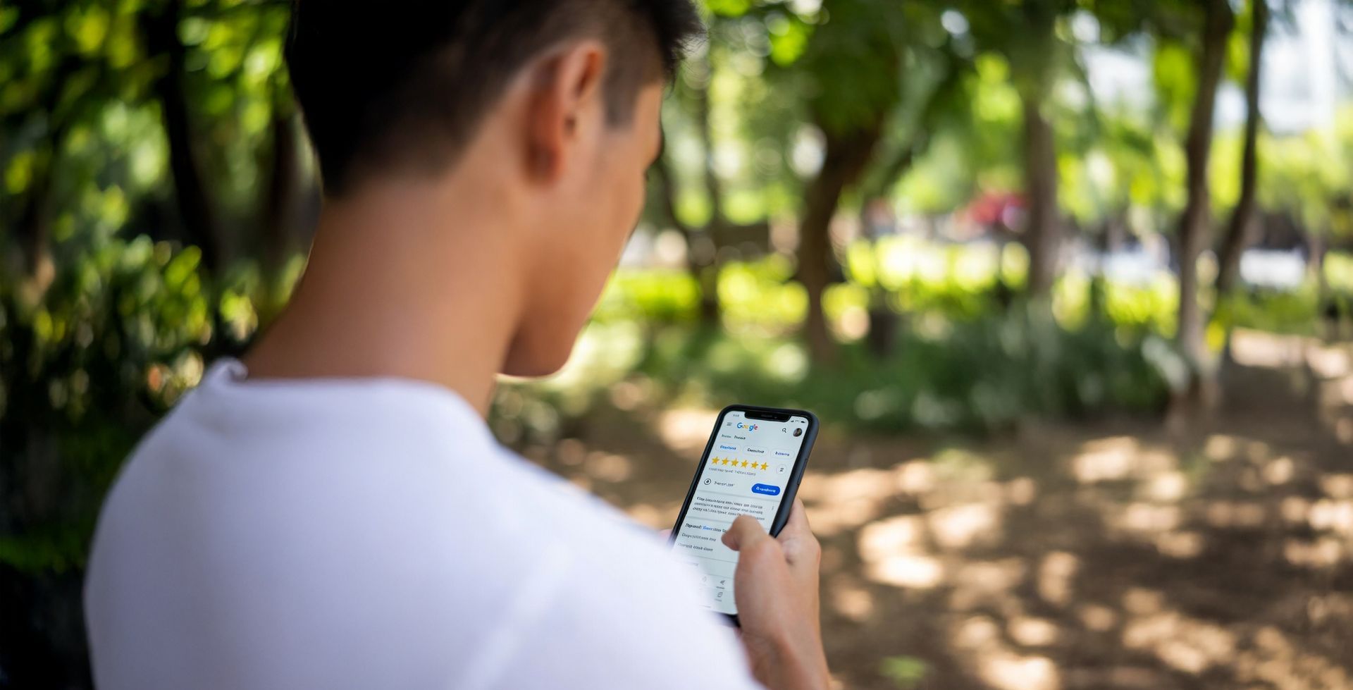 Person in white shirt using a phone outdoors, likely for navigation; trees in the background.