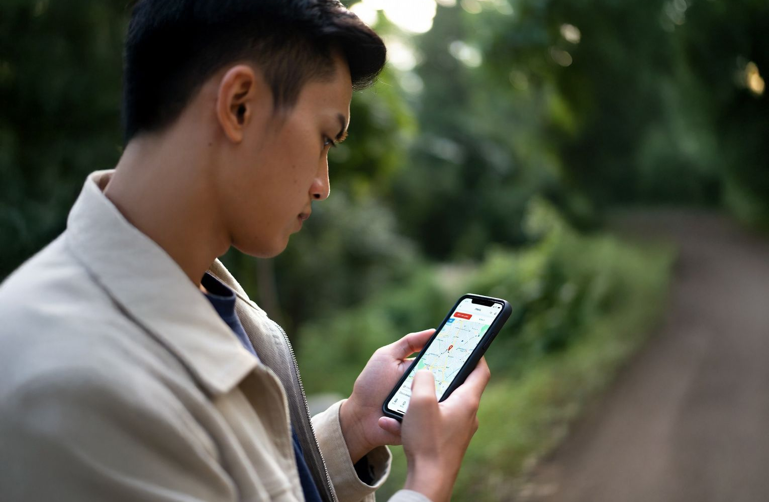 Man using a smartphone outdoors, viewing a map. The background is a blurred pathway through trees.
