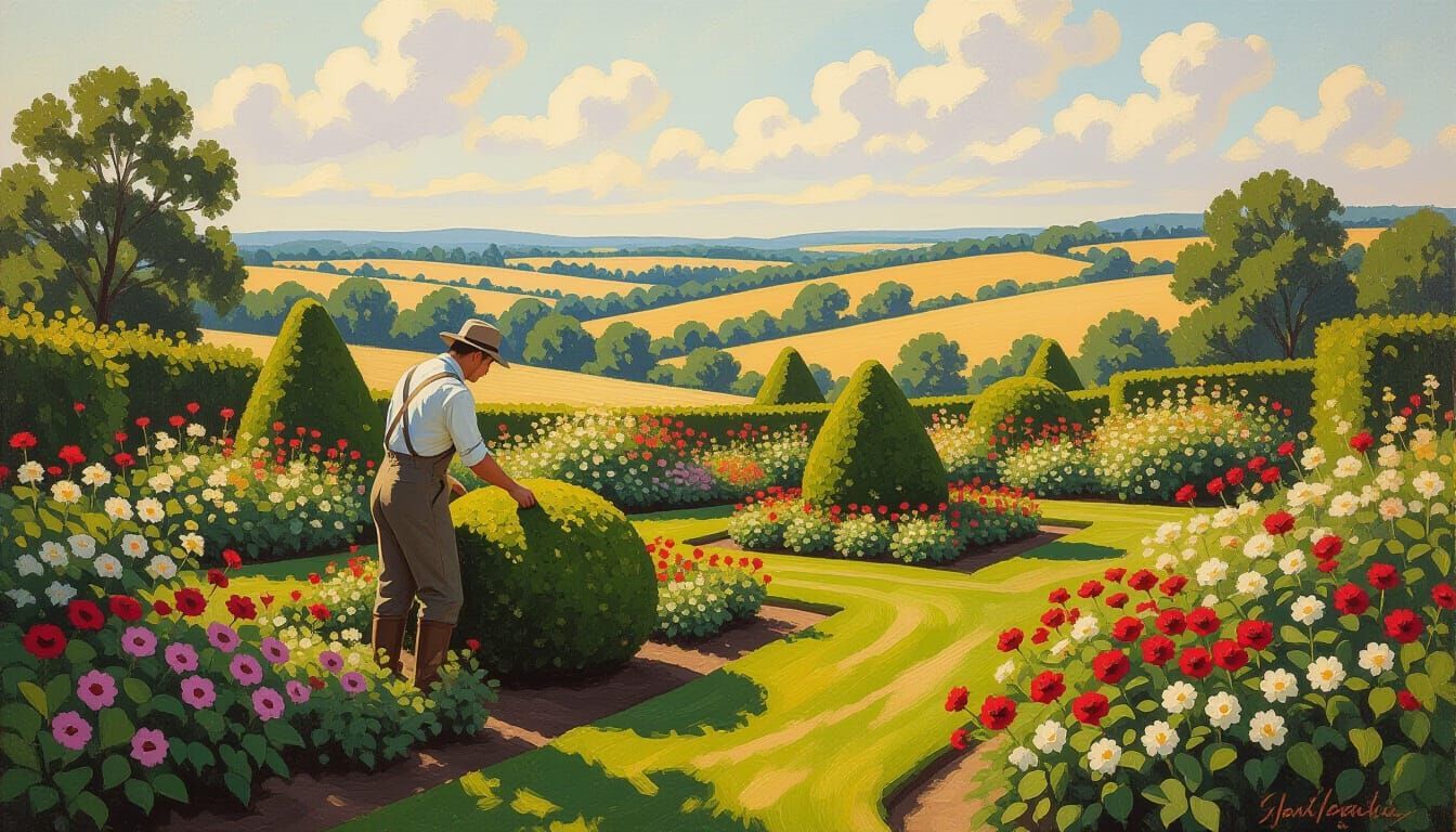 Man trimming a topiary in a garden with colorful flowers and rolling hills in the background.