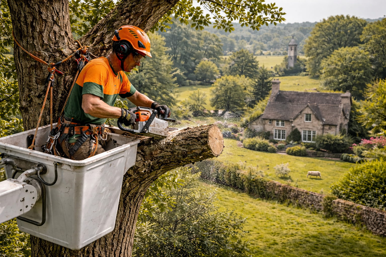 Tree worker using a chainsaw to trim a branch, in a bucket lift, overlooking a scenic house in a rural setting.