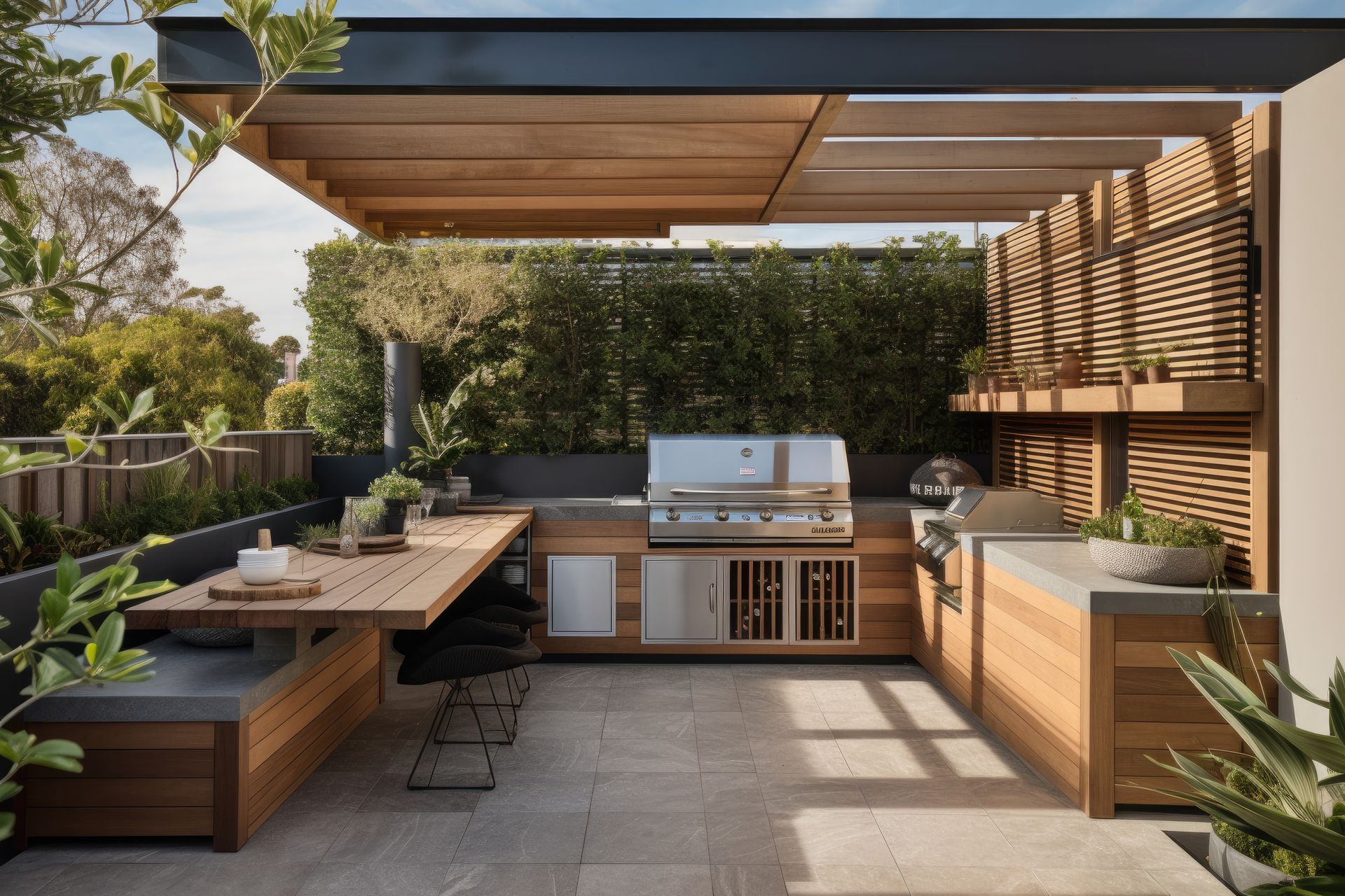 Outdoor kitchen with a built-in grill, wooden cabinets, stone countertops, and a dining area under a wooden pergola.