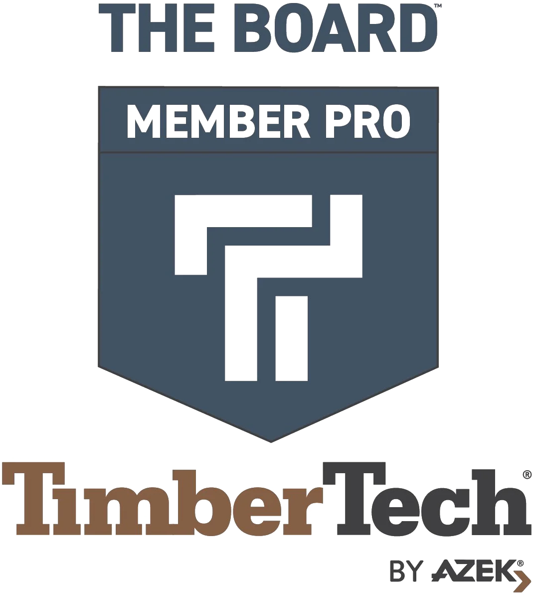 Logo for TimberTech by AZEK, featuring a shield icon with a stylized