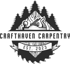 Black and white logo for Crafthaven Carpentry, featuring a hand plane, pine trees, and a circular saw blade.