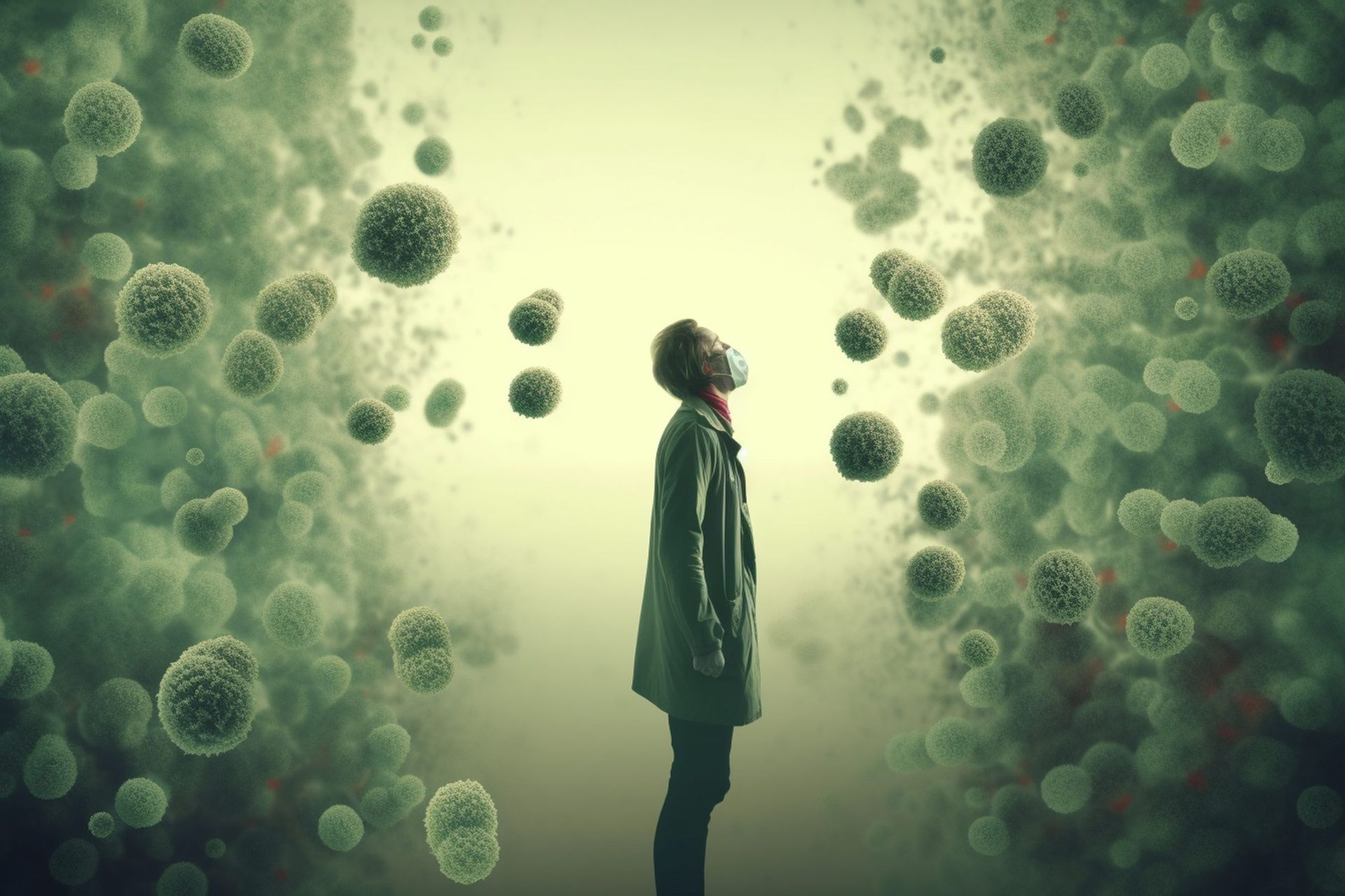 A man wearing a gas mask is standing in front of a cluster of viruses.