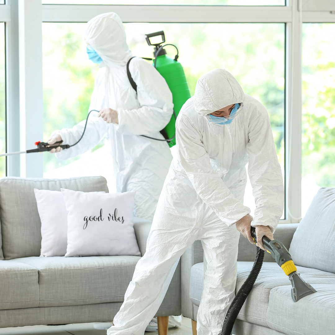 Two people in protective suits disinfecting a living room with couch and a pillow that says good vibes on it.