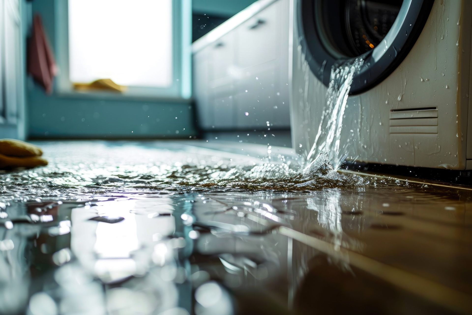 A washing machine is leaking water into a puddle on the floor.