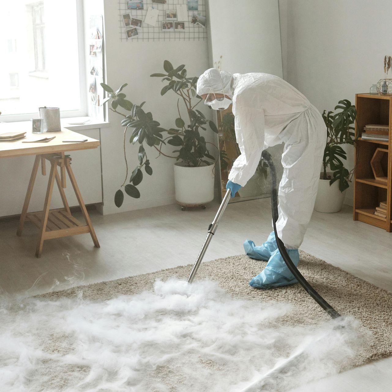 A man in a protective suit is cleaning a rug with a vacuum cleaner.