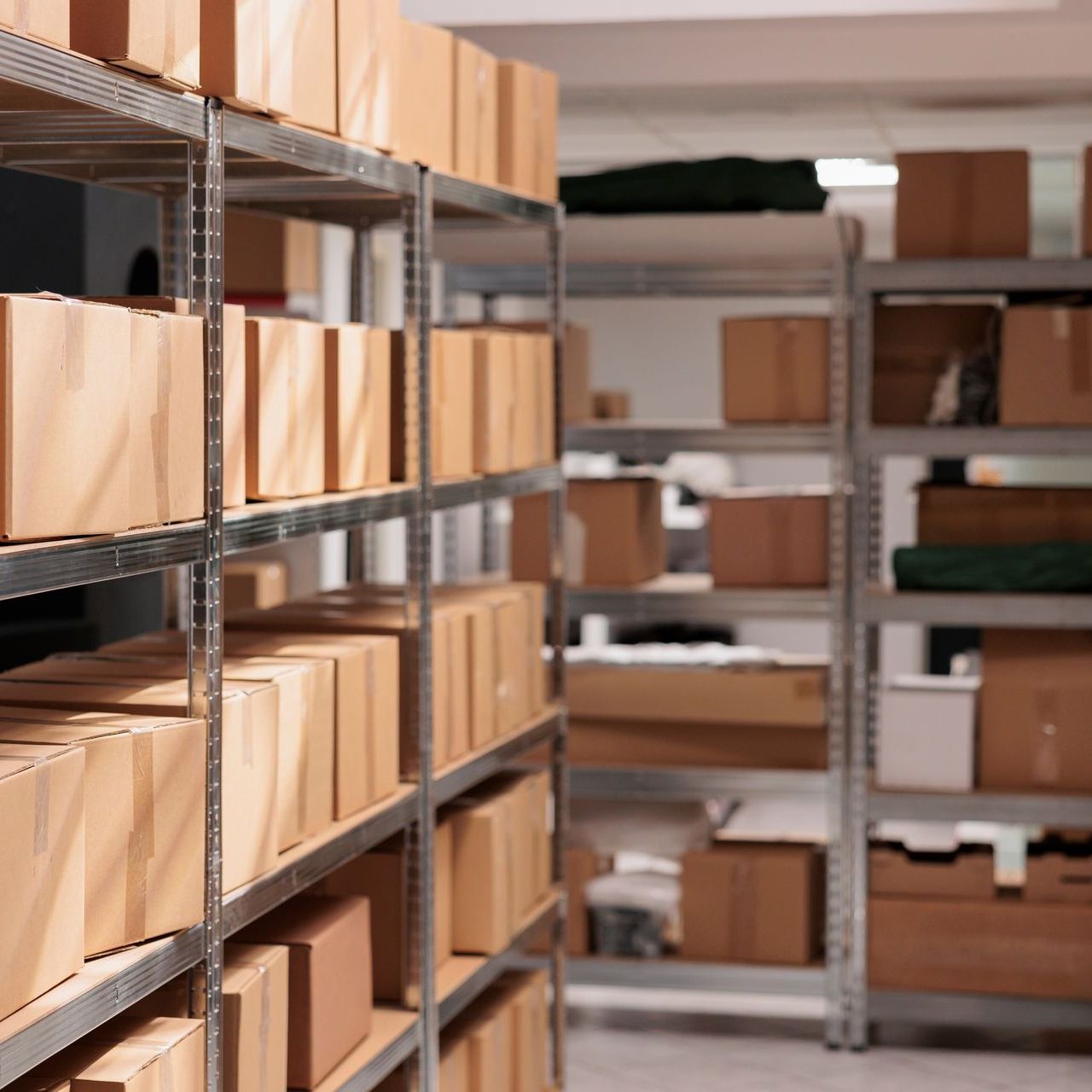 A warehouse filled with lots of cardboard boxes