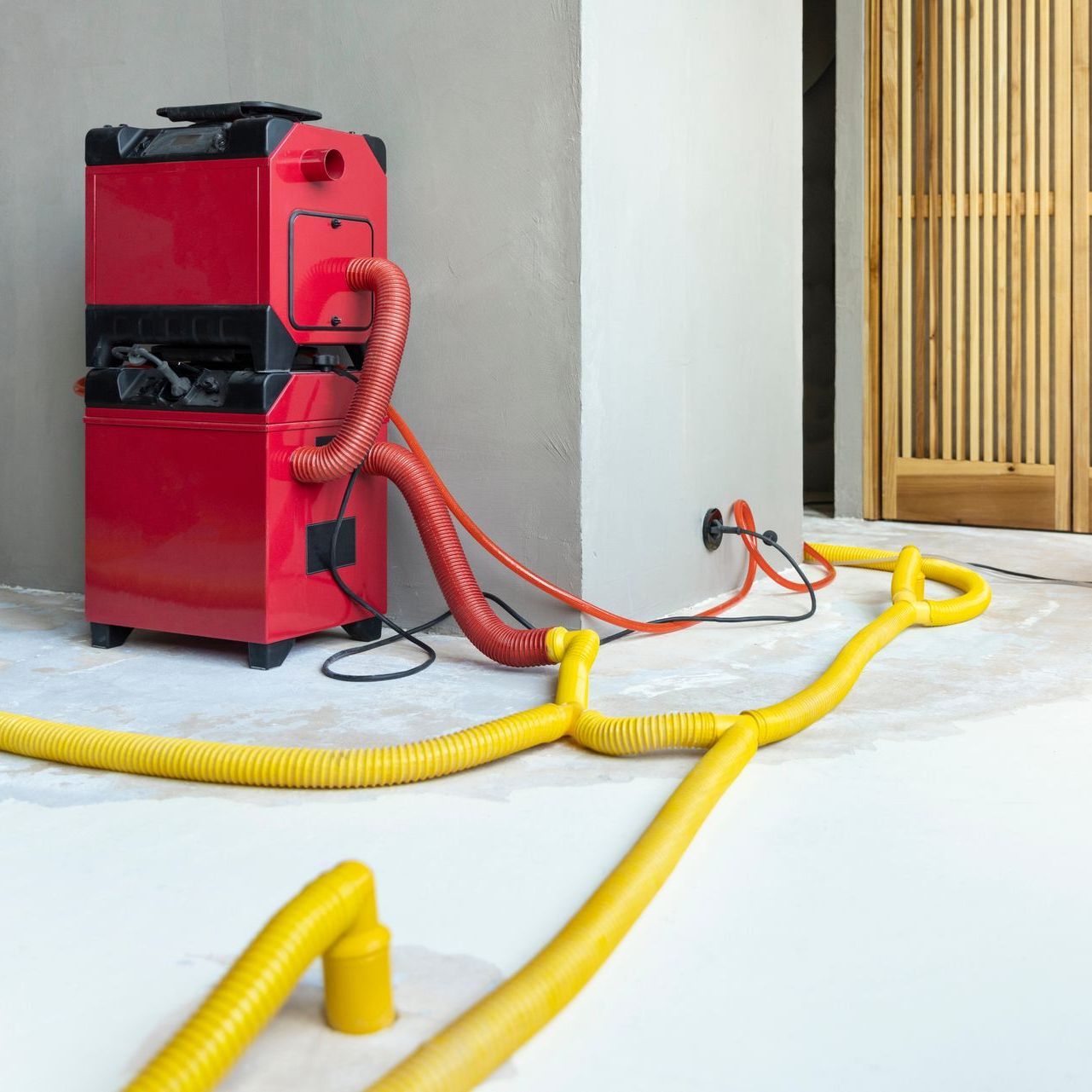 A red machine with yellow hoses attached to it  drying water off the floor.