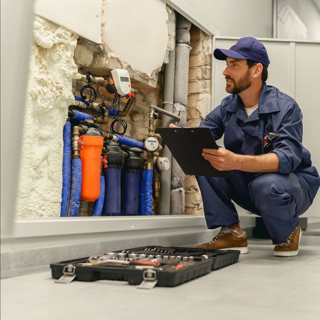 A man is kneeling down looking at a clipboard.