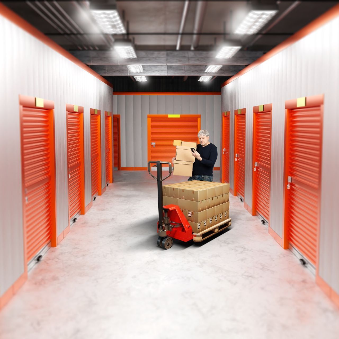 A man is loading boxes onto a pallet in a warehouse.