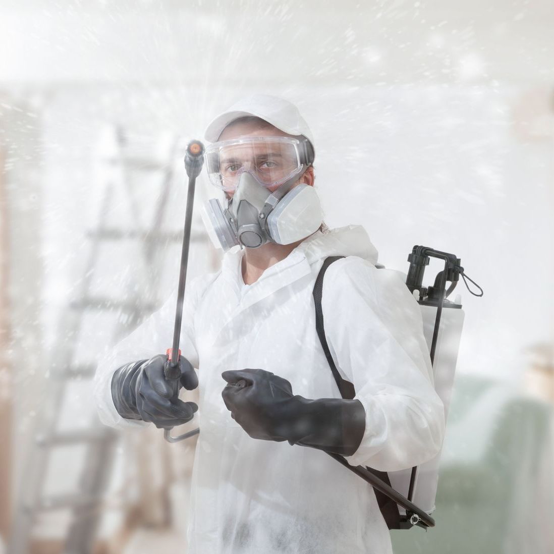 A man wearing a gas mask and goggles is spraying a room with a sprayer.