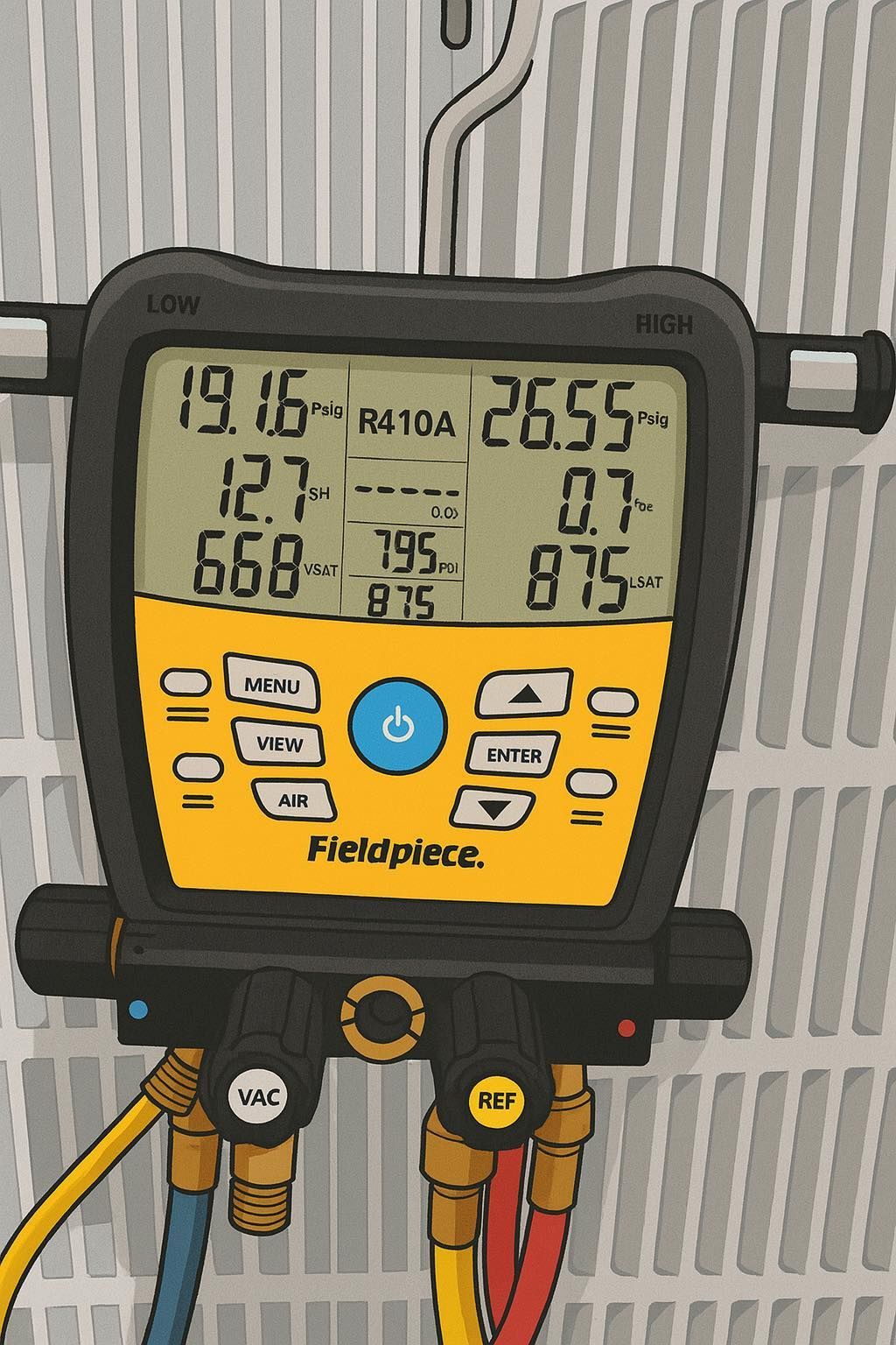 Digital HVAC gauge displaying pressure readings, hanging on a white surface. The gauge has connected hoses.