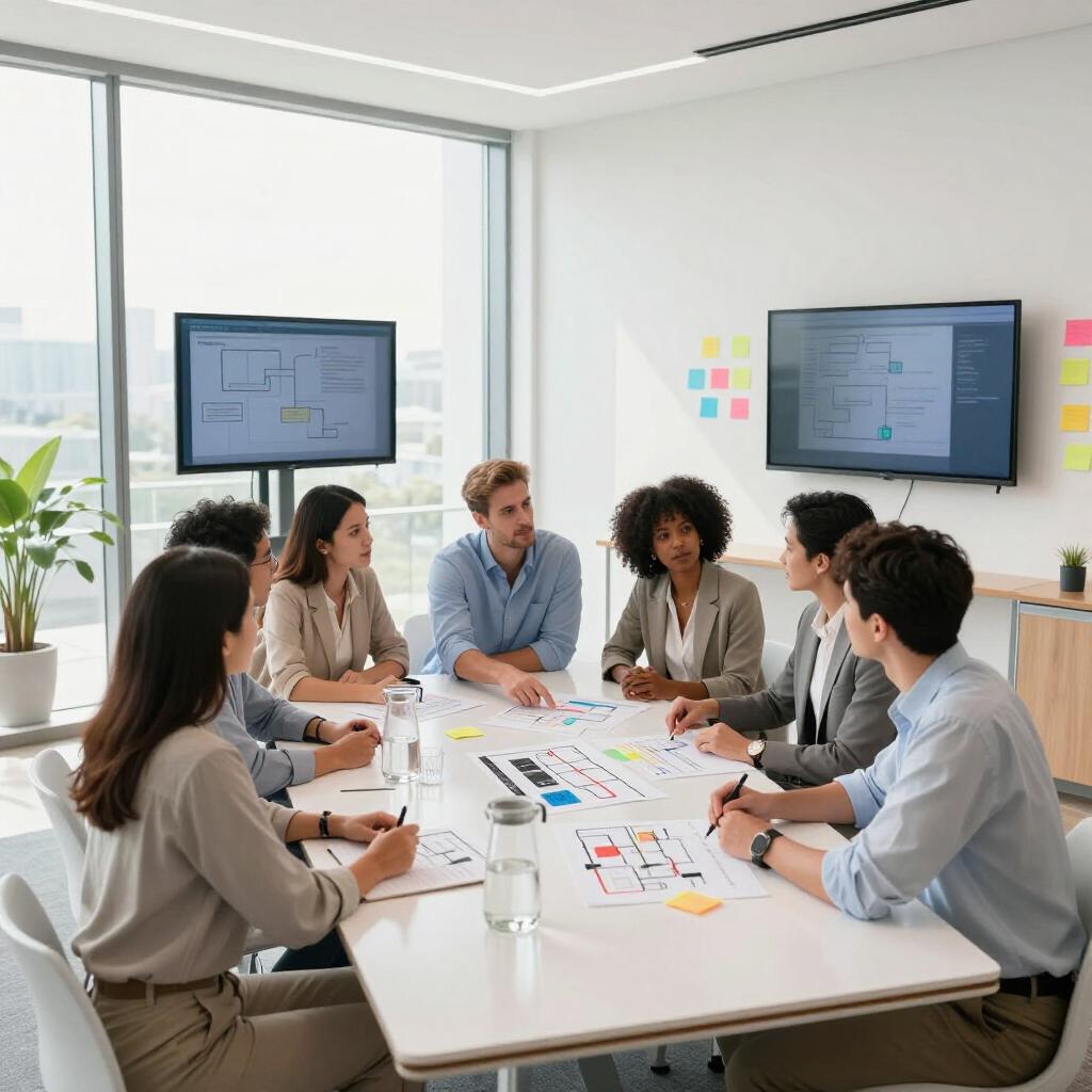 Team meeting around a conference table in a bright office, with charts on the table and screens on the wall