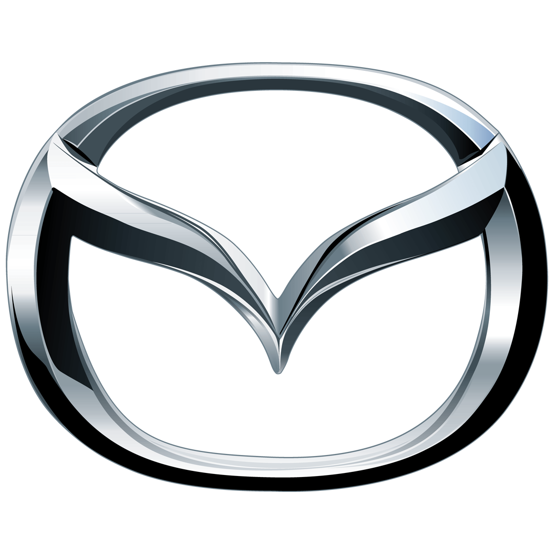 A silver and black mazda logo on a white background