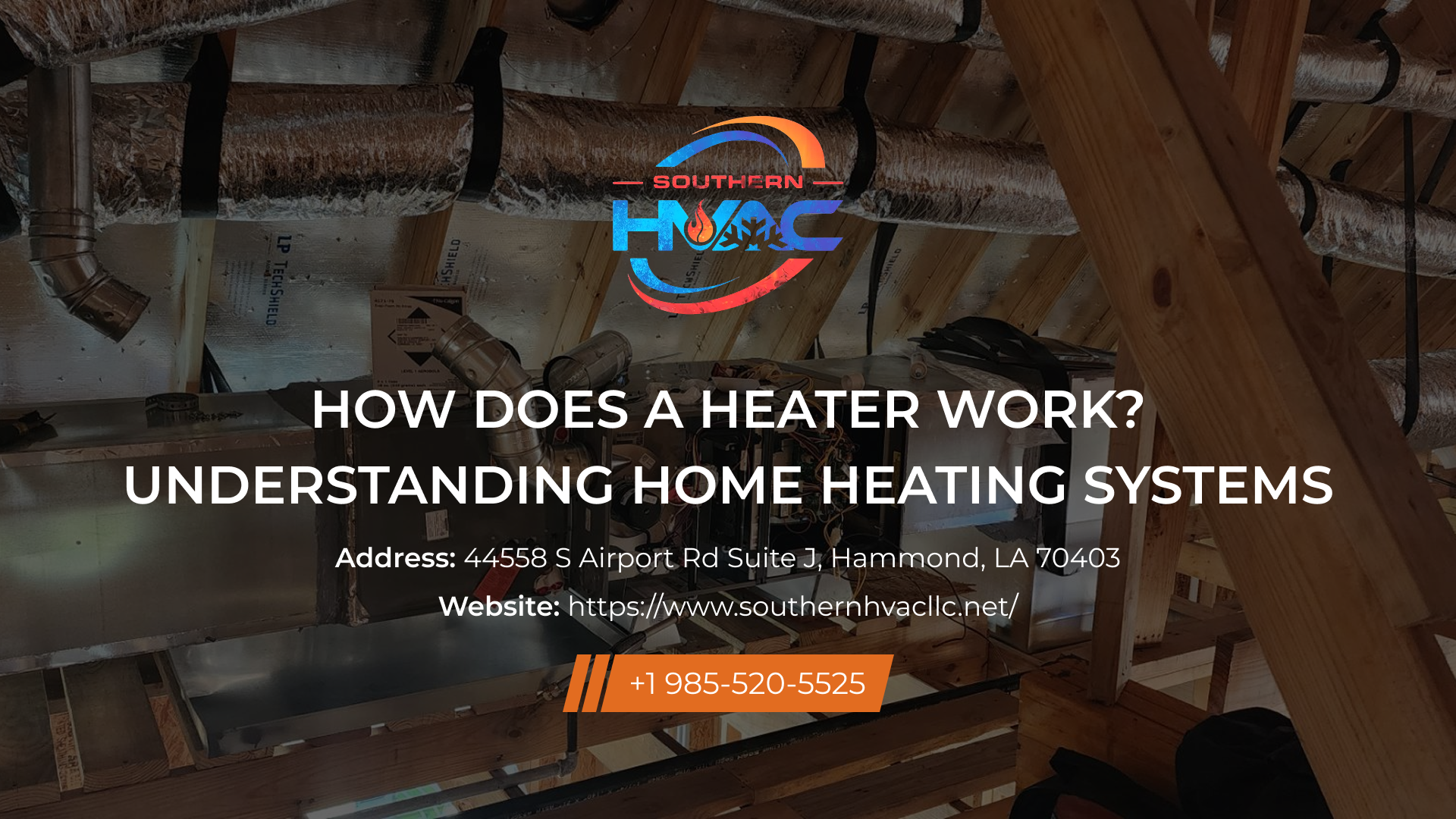 HVAC logo over an attic with ductwork, text reads: 