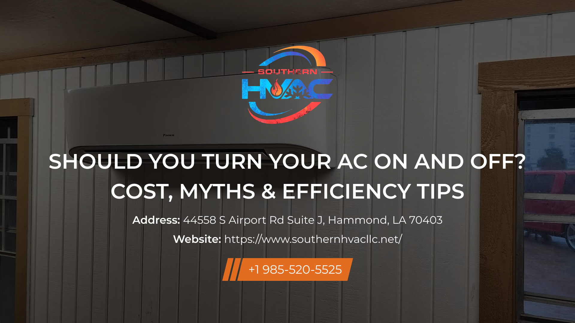 An air conditioner on a wall with text about energy efficiency and a company logo.