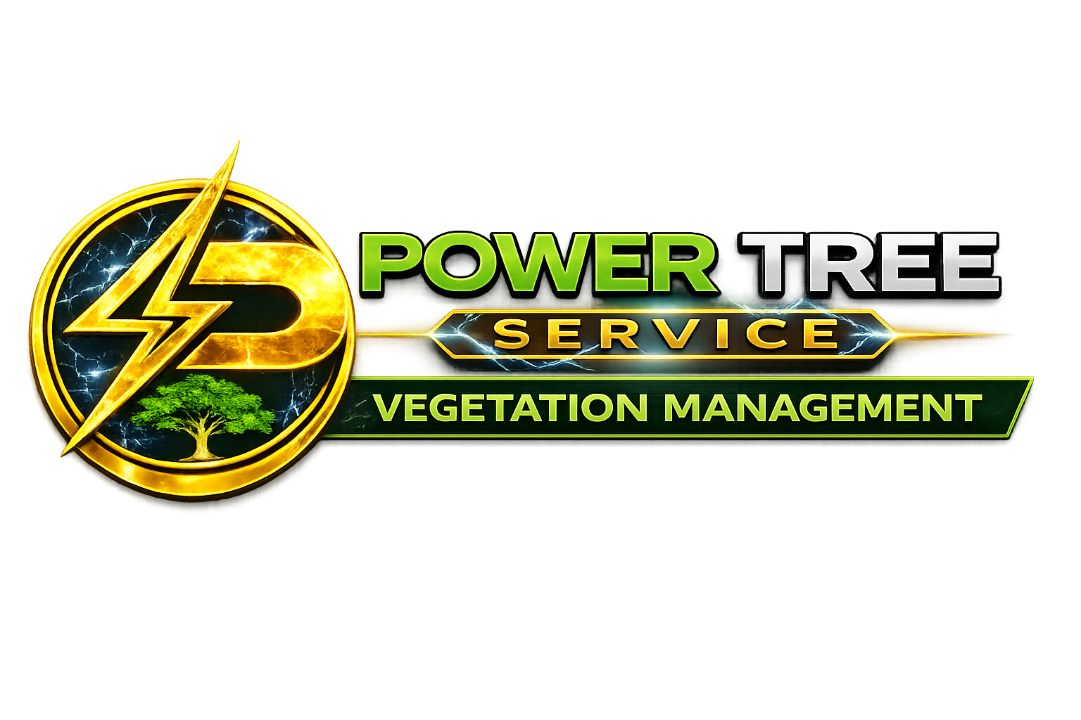 Logo for Power Tree Service: black "P" with lightning bolt inside a green and yellow circle; text reads "Power Tree Service."