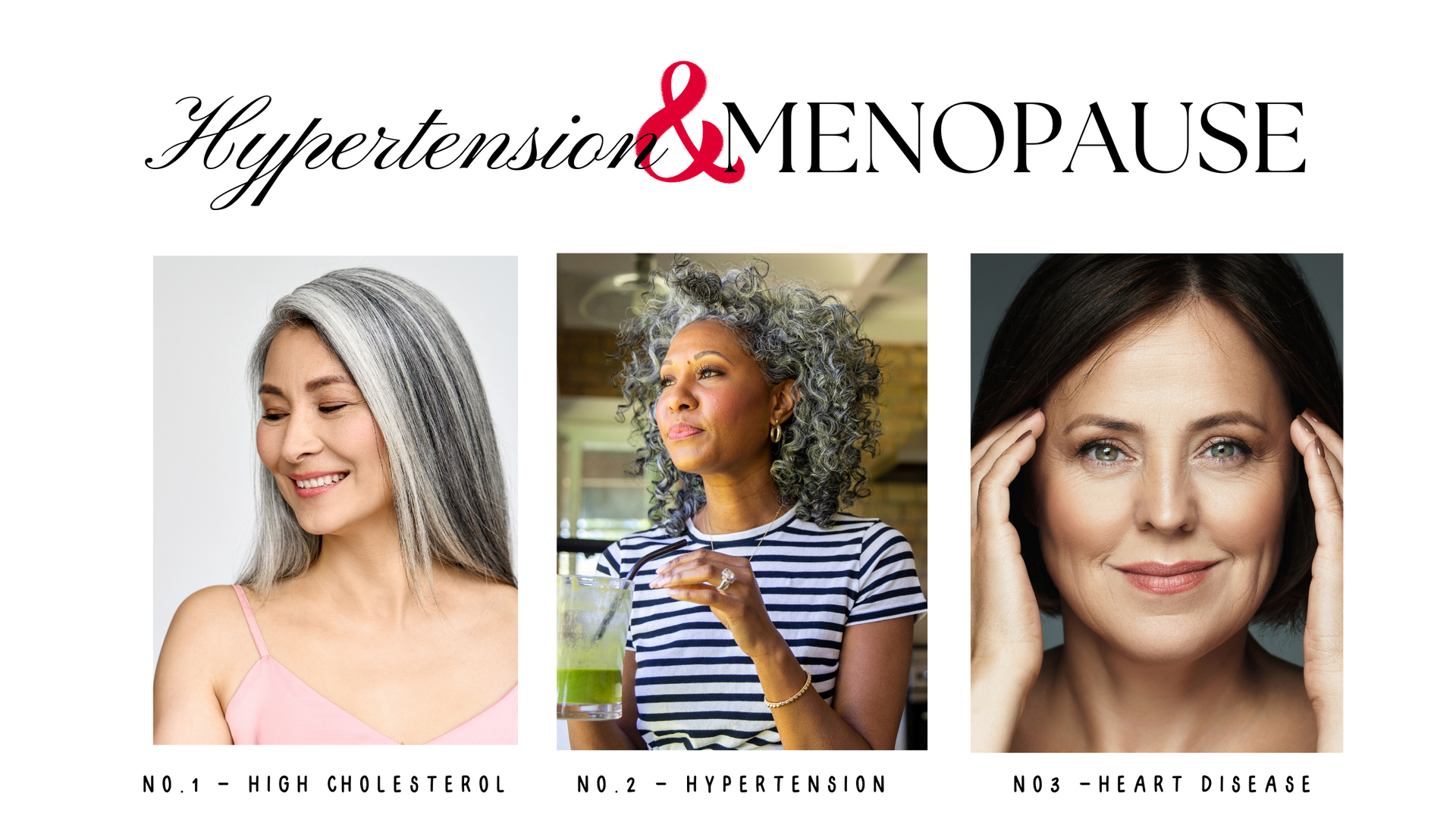 Hypertension and menopause. Three middle-age women with the headings high cholesterol, hypertension, and heart disease underneath. American Heart Month.