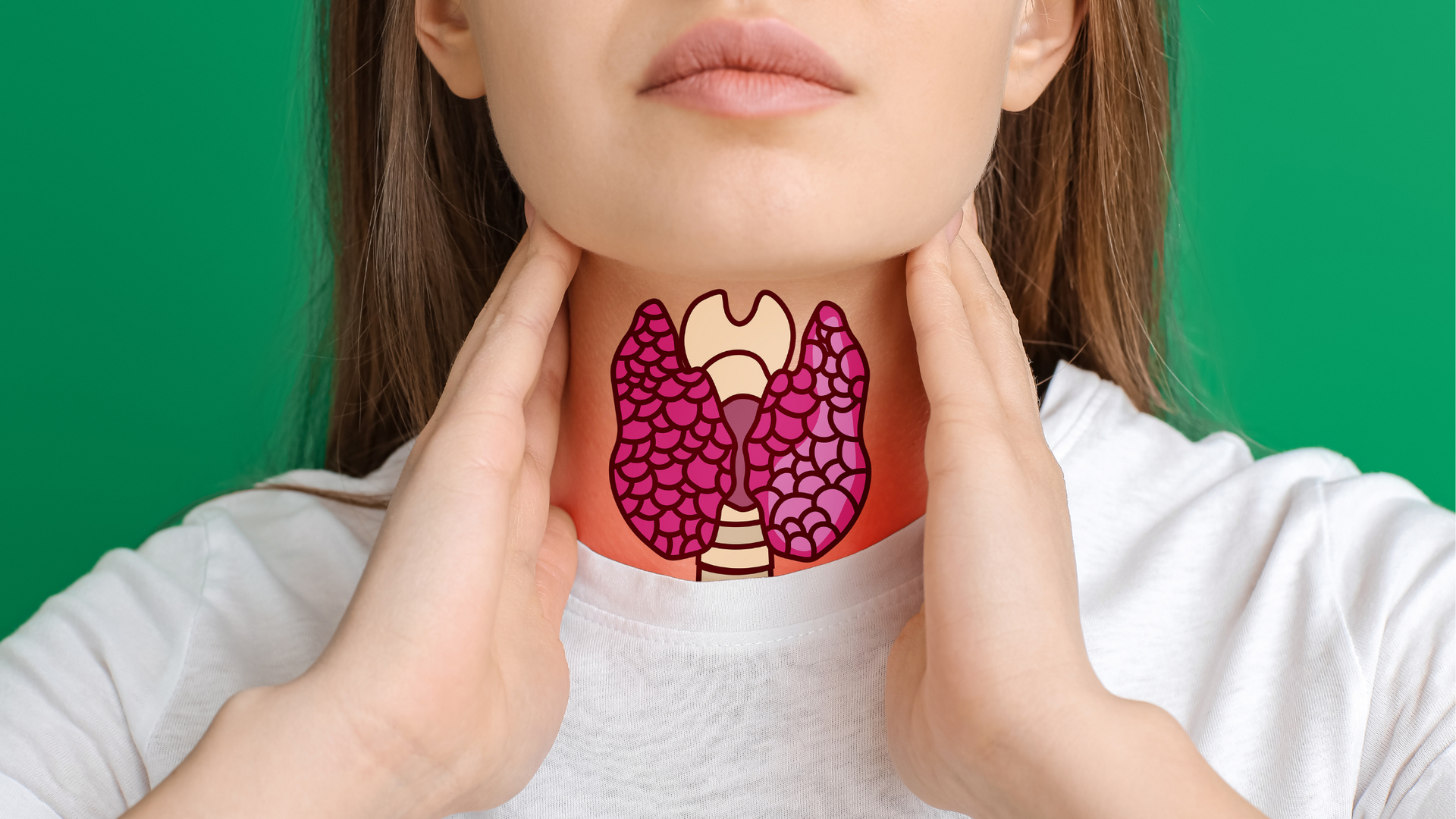 A woman holding her neck with an image of a thyroid over the front of the neck.