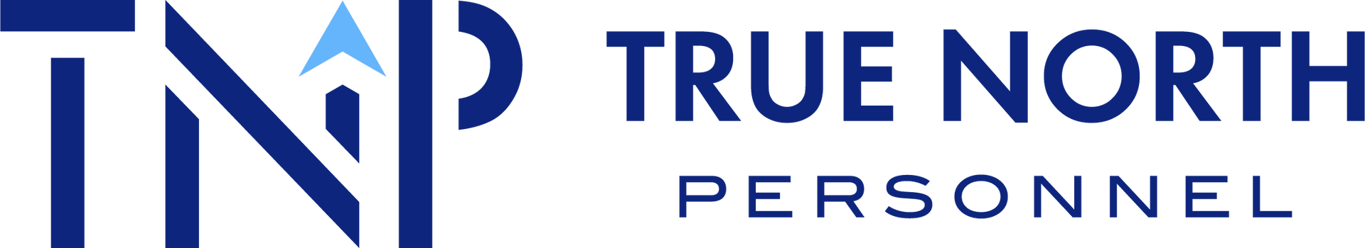Logo for True North Personnel; navy blue TNP design with light blue arrow, 