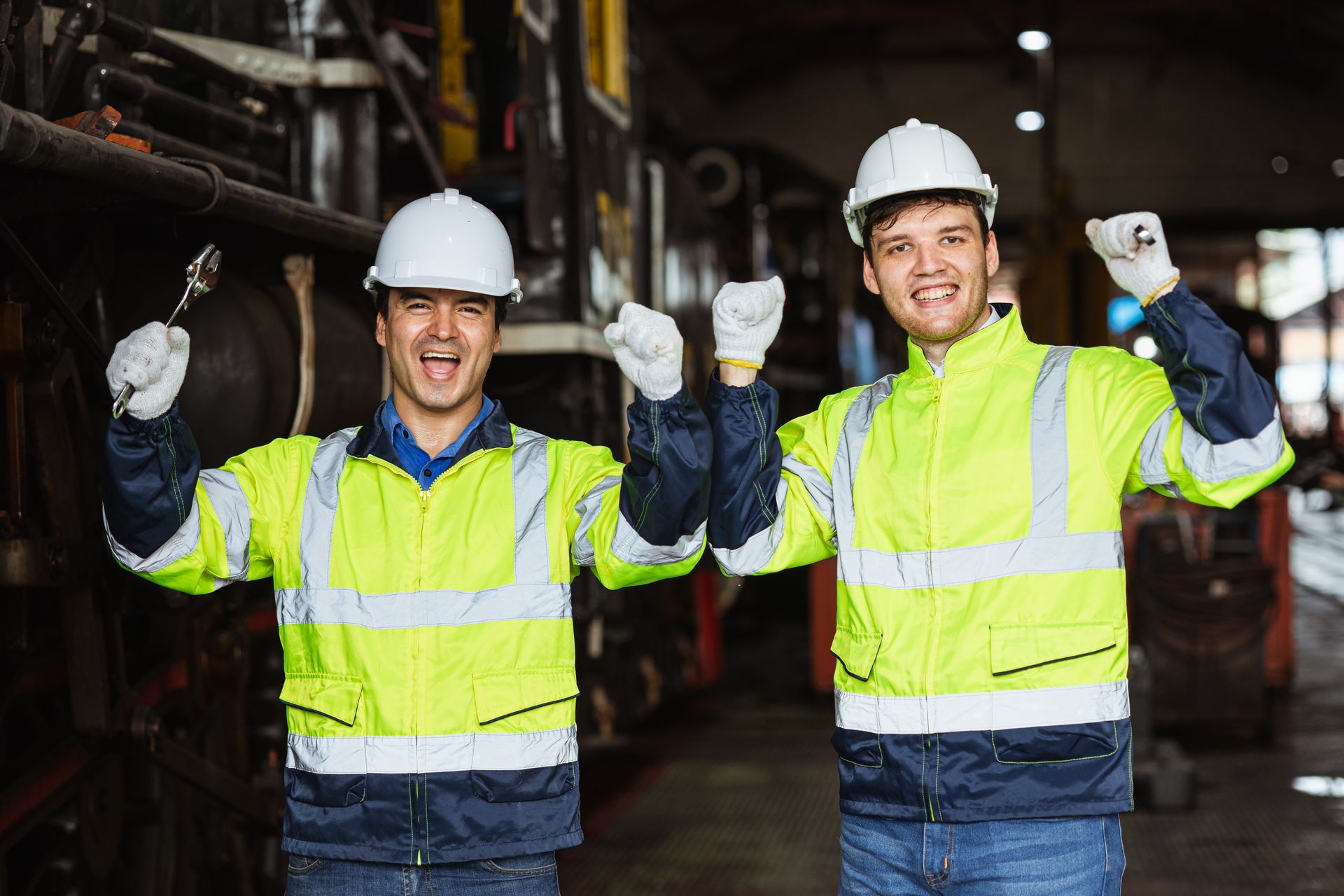 Man in suit looking at open book, woman with glasses holding clipboard in office.