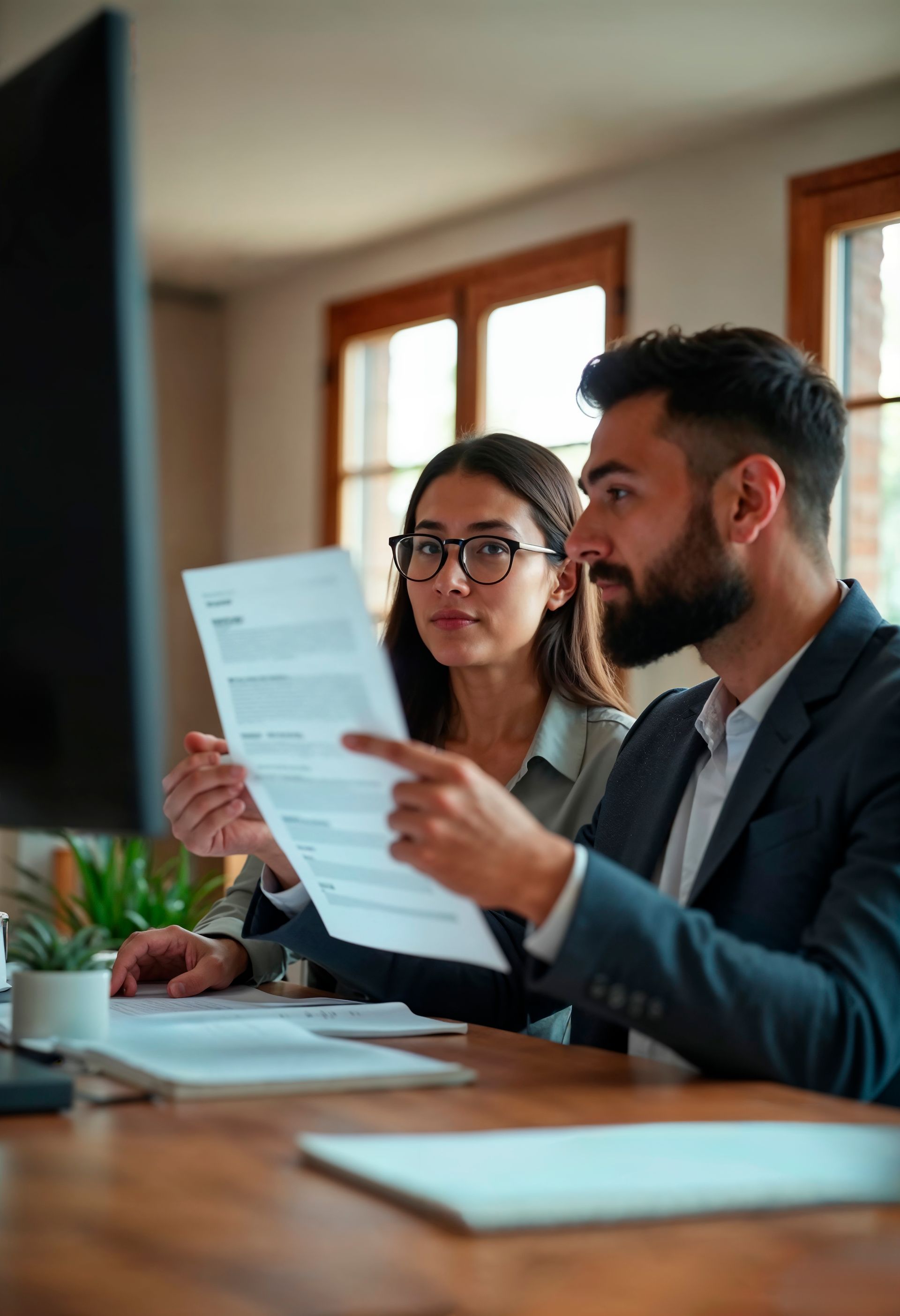 Two people looking at documents near a computer. Man points at the paper; woman wears glasses.