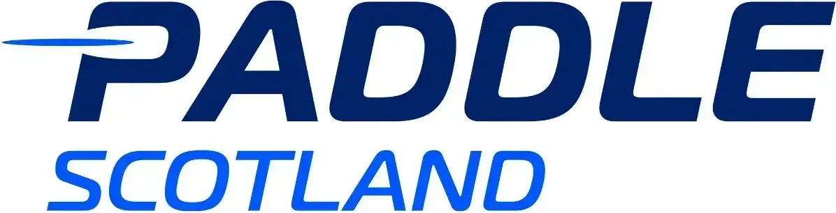 A blue and white logo for paddle scotland