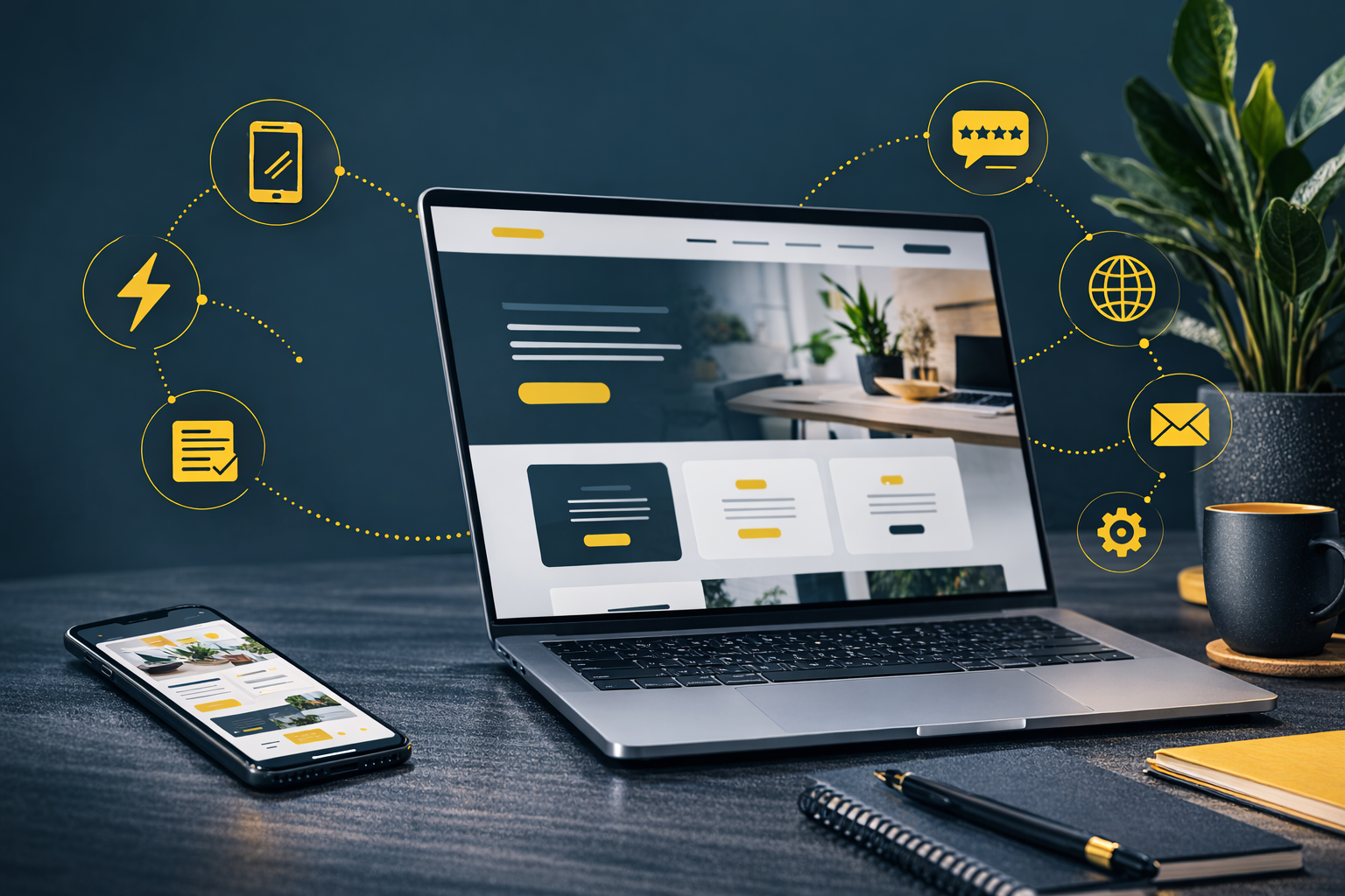 A laptop and smartphone on a desk with digital marketing icons illustrating connectivity, in a professional workspace.