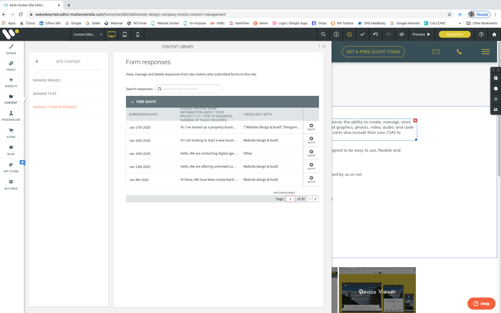 Website Content Management Form Response Editor