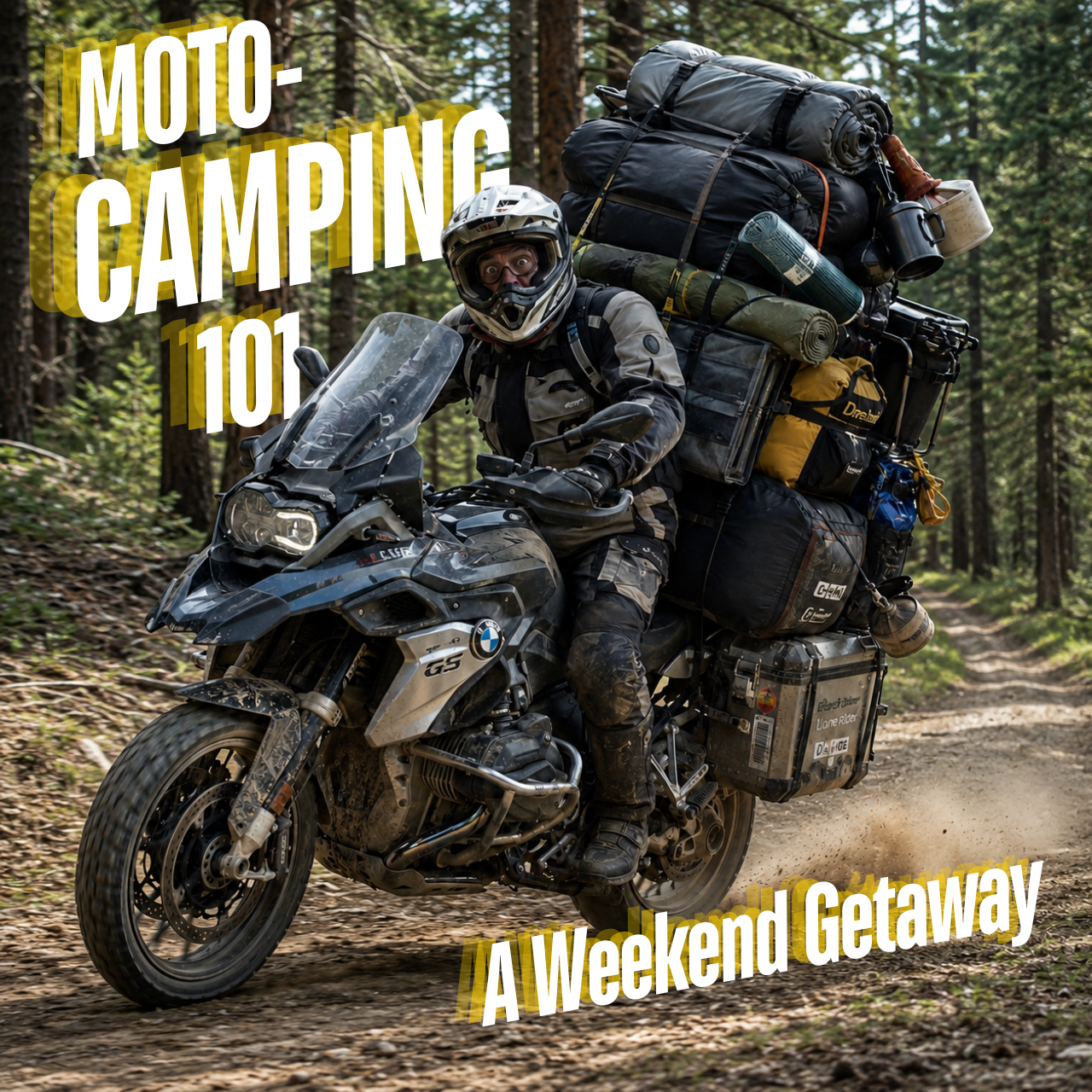 An overpacked motorcycle riding in the forest