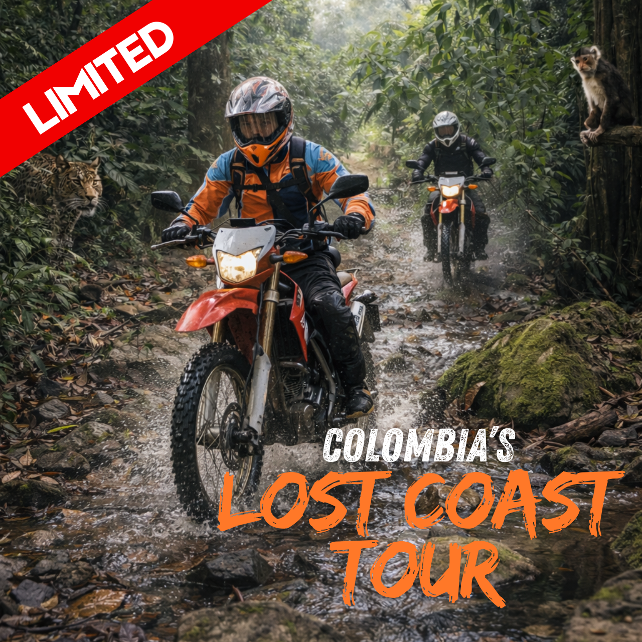 Two people on motorcycles ride through a muddy forest path. 