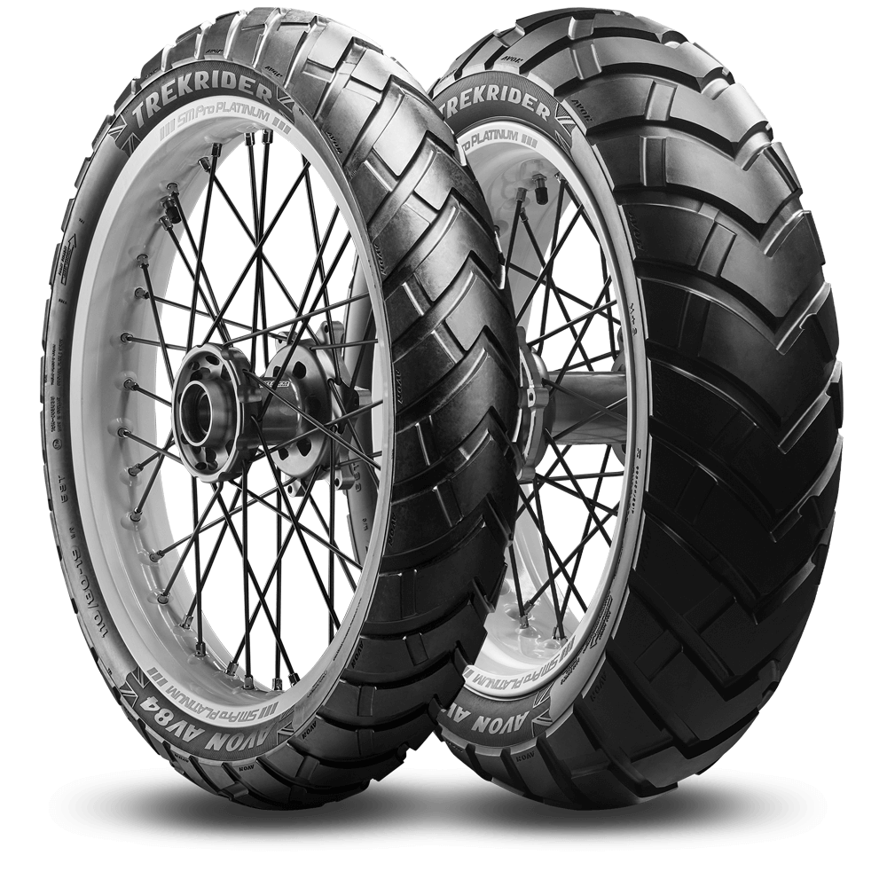 A pair of Avon Trek Rider motorcycle tires are sitting next to each other on a white background.