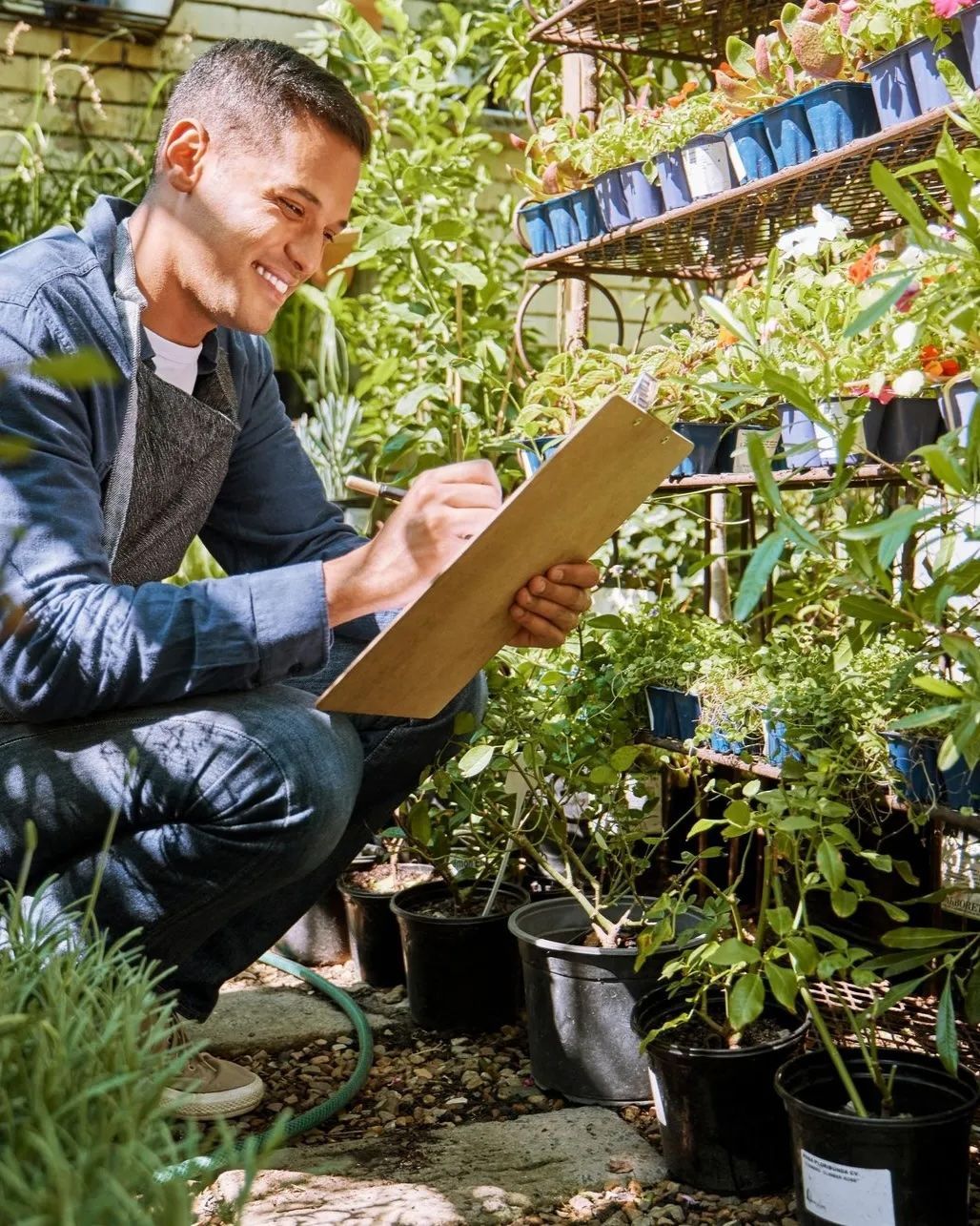 Ein Prüfer bei der Qualitätsbeurteilung im Gartenbau