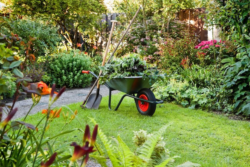Saisonale Gartenpflege mit Schubkarre voller Gartenabfälle 
