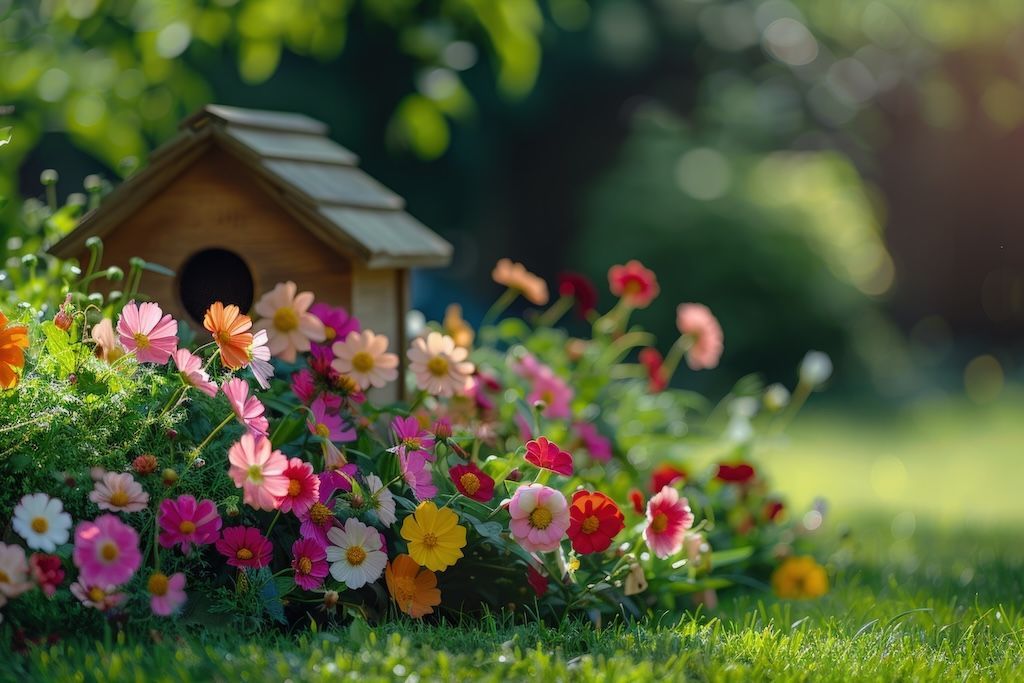 Nachhaltiger, fotorealistischer Garten mit selbst angebautem Blumenmeer