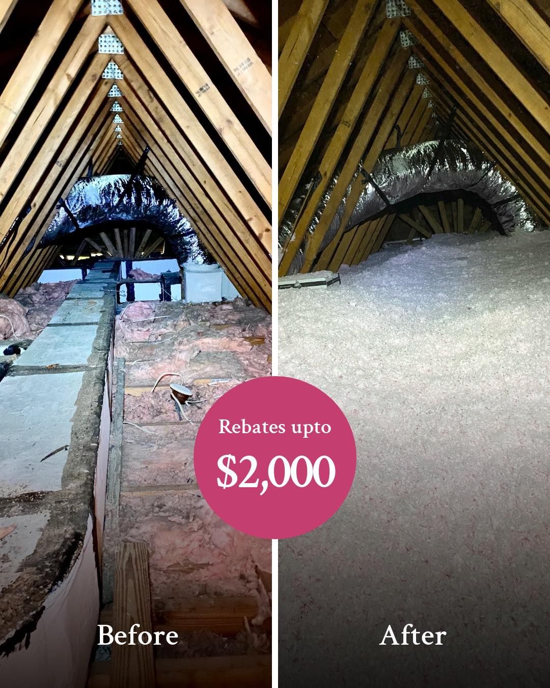 An attic with wooden beams and pink insulation