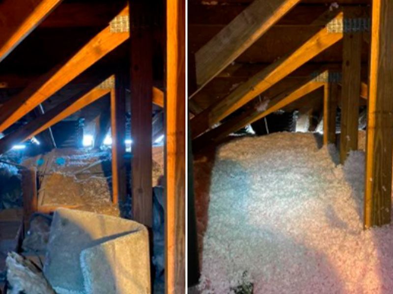 Before and After insulation. Blown in insulation is effective because it has an even coverage. 