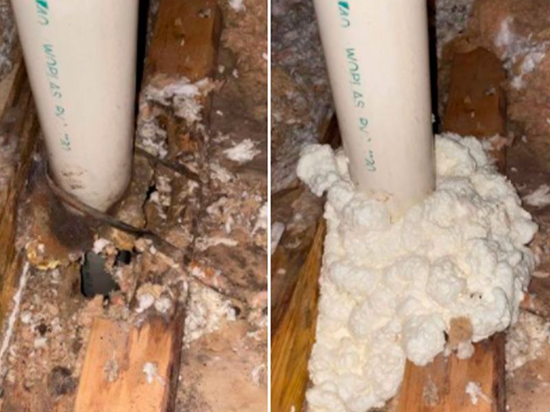 Before and After Air Sealing. Air will go in and out of your living space through plumbing penetration points. 